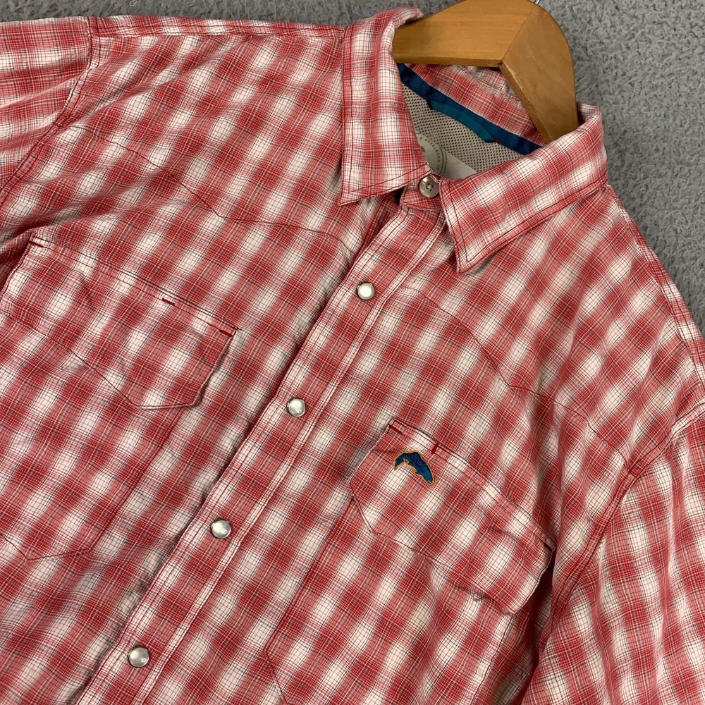 Simms Fishing Shirt Men's Medium M Red Plaid Western Pearl Snap Short Sleeve